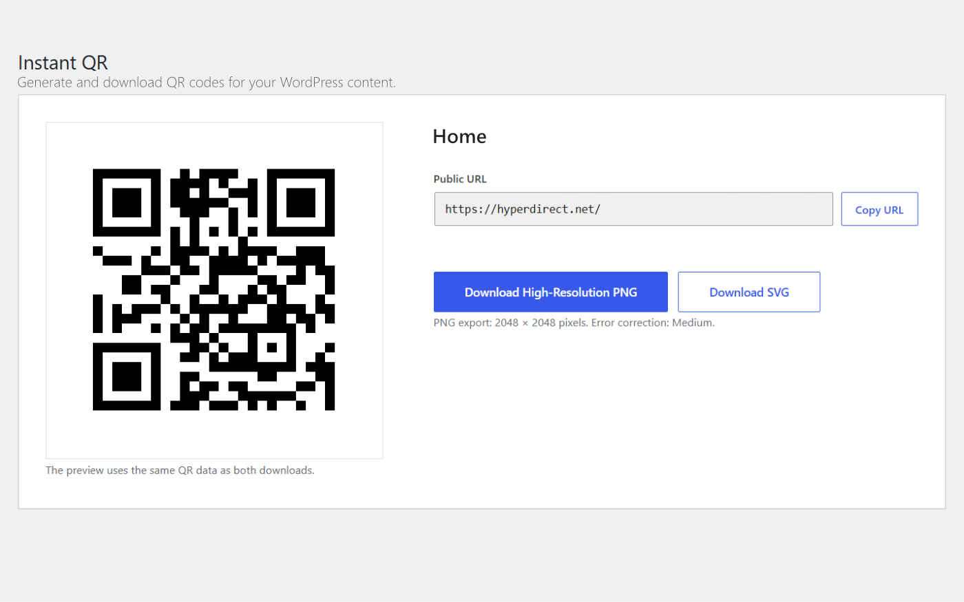 Instant QR screen in the WordPress admin showing a QR code preview, URL field, and PNG and SVG download buttons